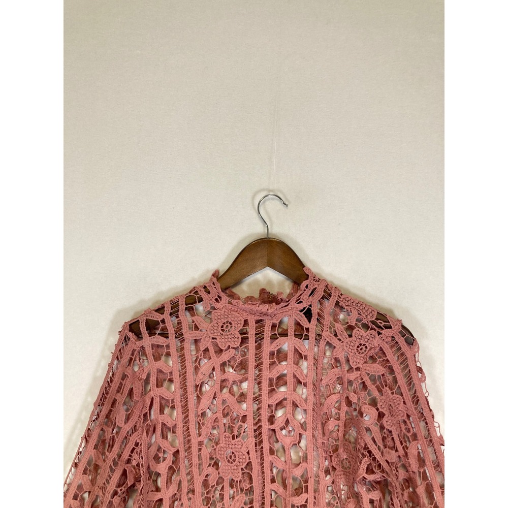 Whimsical Romantic It's Pink Women XL Dusty Rose Crochet Lace Bell Slv Crop Top - Picture 7 of 10